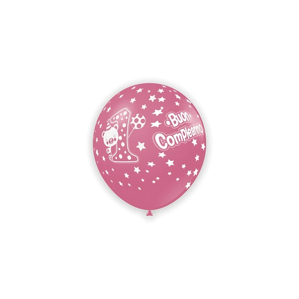 Palloncini 5" (12cm) rosa 26 con stampa bianca 1° Compleanno globo, 100pz.