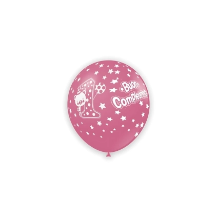 Palloncini 5" (12cm) rosa 26 con stampa bianca 1° Compleanno globo, 100pz.