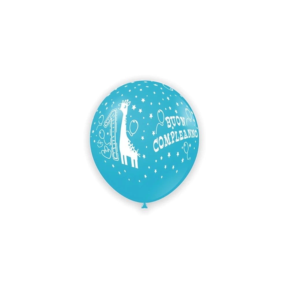 Palloncini 5" (12cm) celeste 46 con stampa bianca 1° Compleanno globo, 100pz.