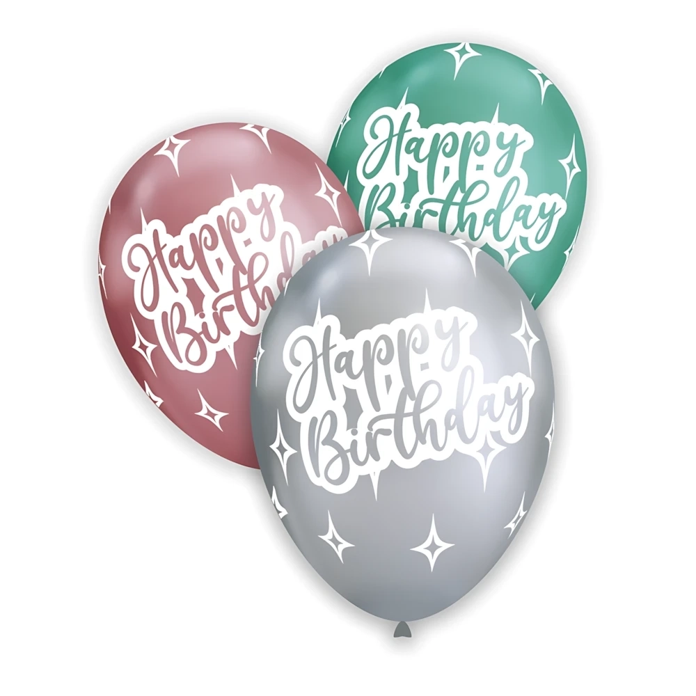 Palloncini 13" (33cm) assortiti cromati con stampa multicolor Buon Compleanno T-rex, 50pz.