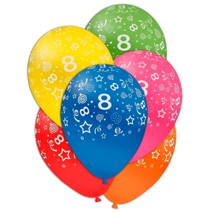 Palloncini 12" (30cm) assortiti con stampa bianca globo Numero 8, 100pz.