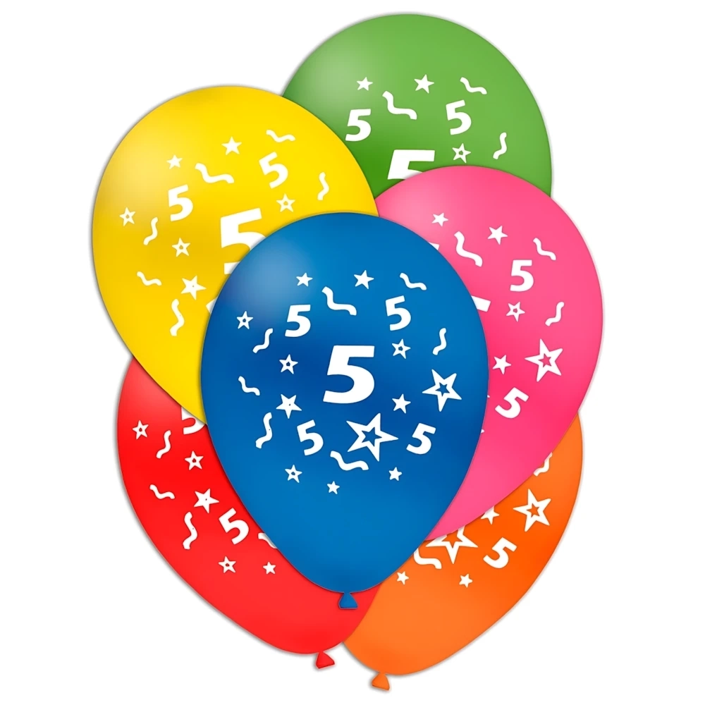 Palloncini 12" (30cm) assortiti con stampa bianca Numero 5 su due lati, 100pz.