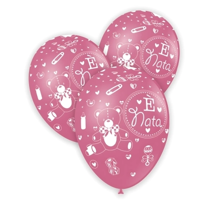 Palloncini 12" (30cm) rosa 26 con stampa bianca globo E' Nata, 100pz.