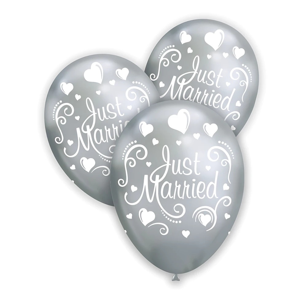 Palloncini 12" (30cm) argento titanio 102 con stampa bianca globo Just Married, 100pz.