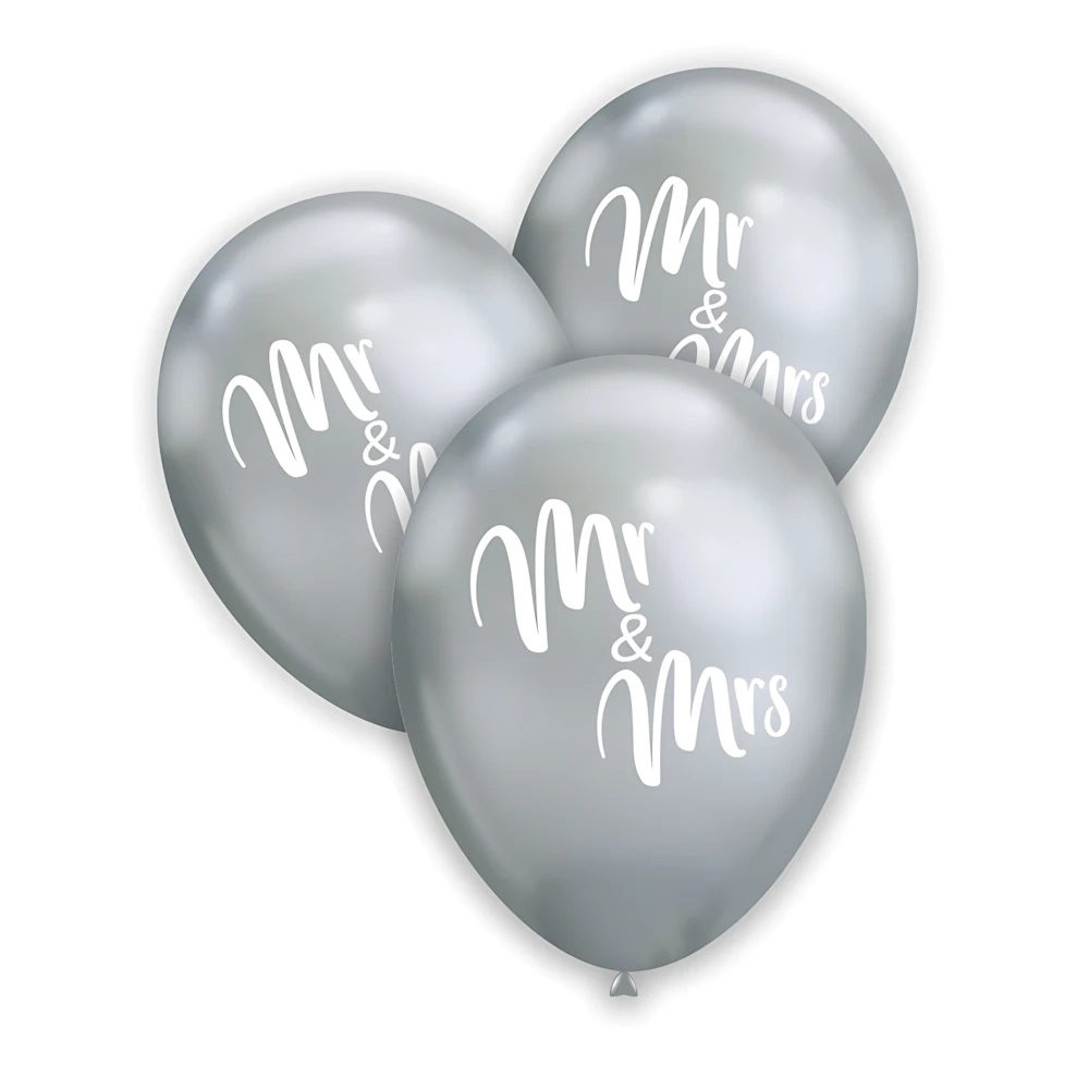 Palloncini 12" (30cm) argento titanio 102 con stampa bianca Mr. Mrs. su 2 lati, 100pz.
