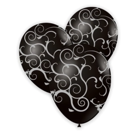 Palloncini 12" (30cm) nero 15 con stampa argento globo Filigrana, 100pz.