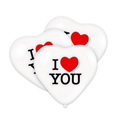 Palloncini a cuore 17" 43cm) bianco 10 con stampa Nera e Rossa I Love You su 1 lato, 50pz.