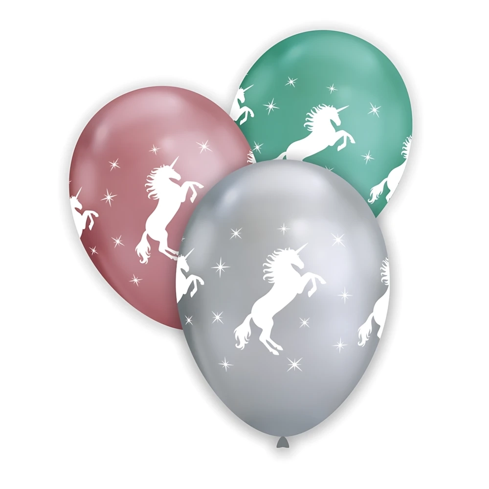 Palloncini 13" (33cm) Cromati assortiti con stampa bianca globo Unicorno Rampante, 50pz.