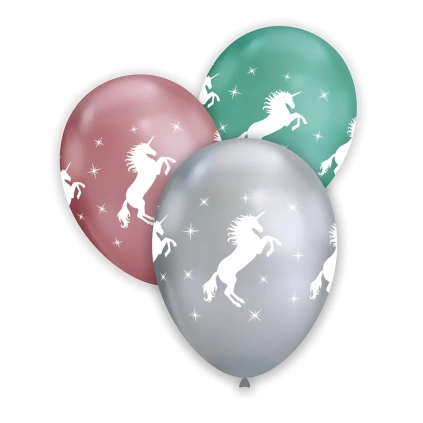 Palloncini 13" (33cm) Cromati assortiti con stampa bianca globo Unicorno Rampante, 50pz.