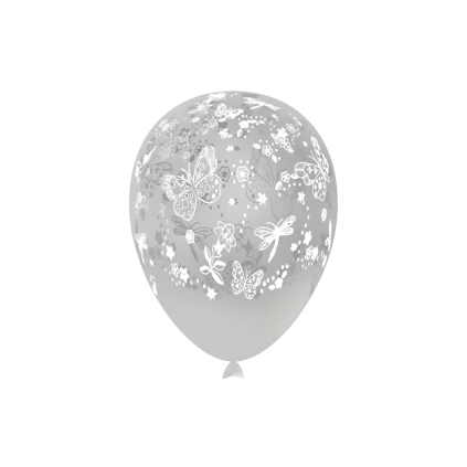 Palloncini 12" (30cm) trasparente 57 con stampa Bianca Globo Farfalle, 100pz.
