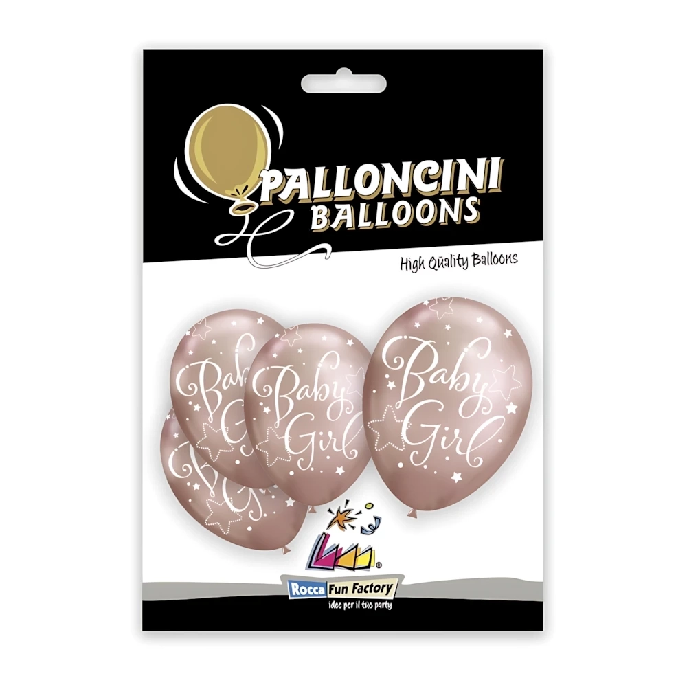Palloncini 12" (30cm) rosa gold 103 con stampa bianca globo Baby Girl, 5pz.