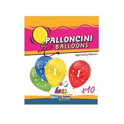 Palloncini 12" (30cm) assortiti con stampa bianca 1° Compleanno globo, 10pz.