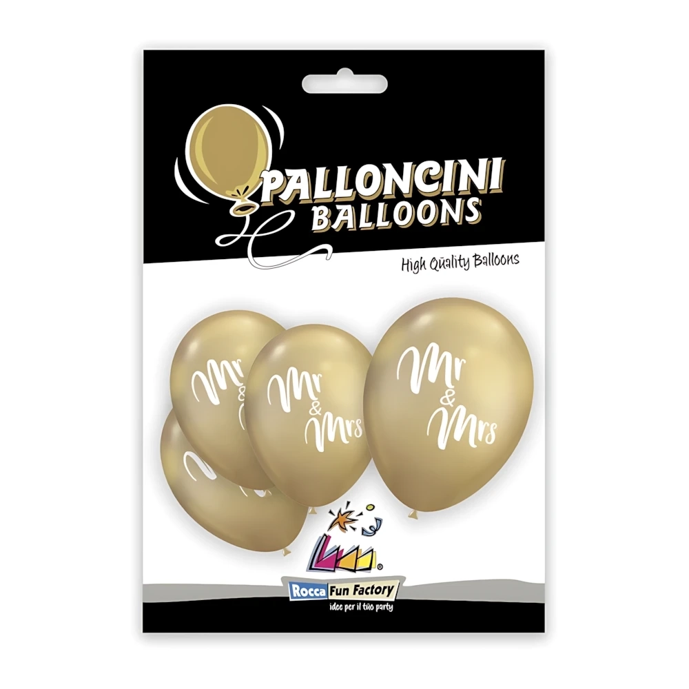 Palloncini 12" (30cm) oro titanio 101 con stampa bianca Mr. Mrs. su 2 lati, 5pz.