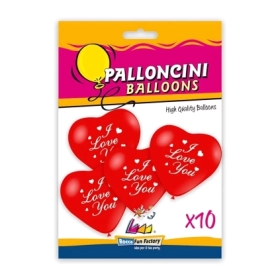 Palloncini cuore 11" (25cm) rosso 28 con stampa bianca I Love You su 1 lato, 10pz.
