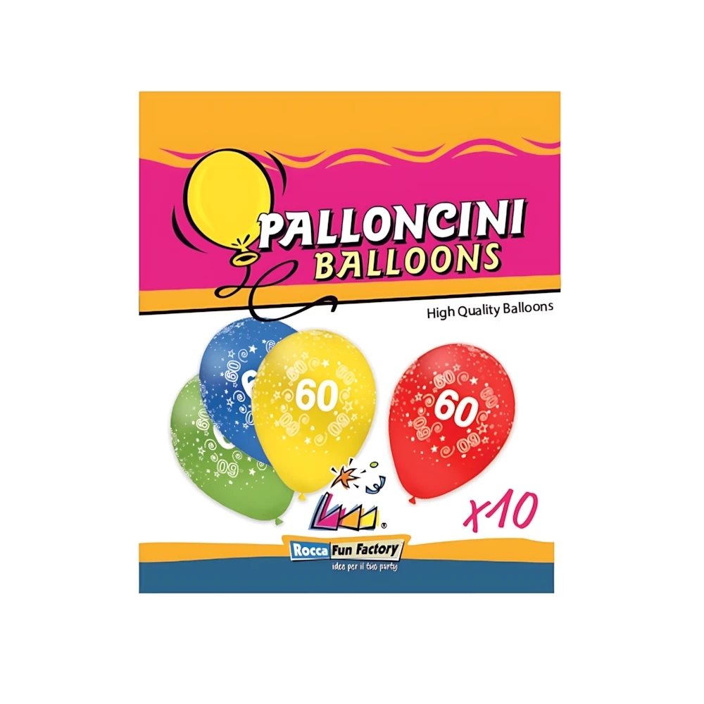 Palloncini 12" (30cm) assortiti con stampa bianca globo Numero 60, 10pz.