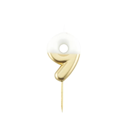 Candelina Metal numero 9 Bianca e Oro 10,5cm, 1pz.