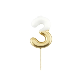 Candelina Metal numero 3 Bianca e Oro 10,5cm, 1pz.