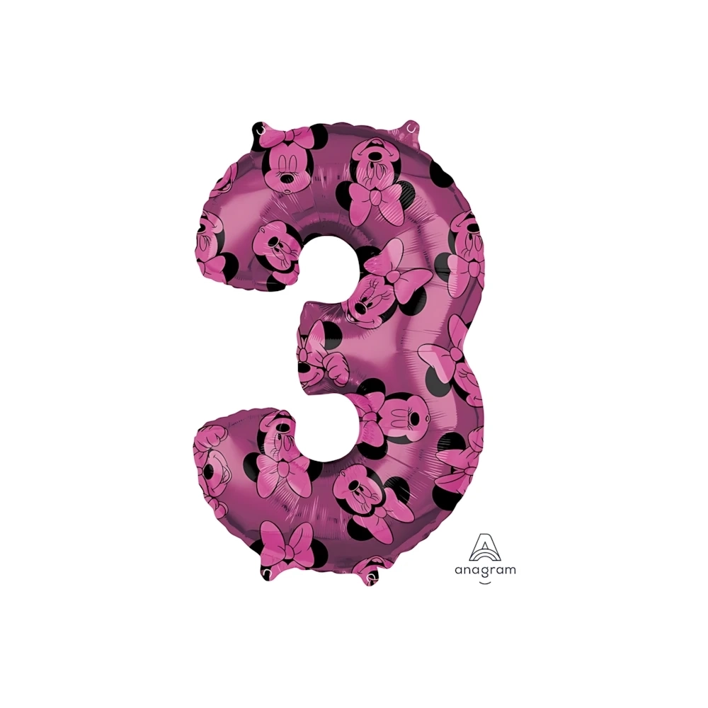 Palloncino numero 3 Rosa Minnie Forever super shape 34" (86cm) in mylar, 1pz.