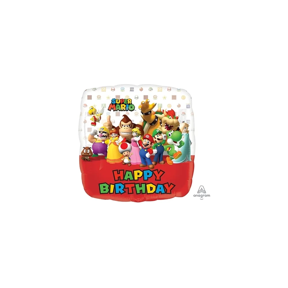 Palloncino Happy Birthday Super Mario Bros. quadrato standard shape 17" (43cm) in mylar, 1pz.