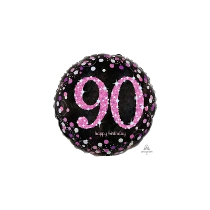 Palloncino Happy Birthday 90 Anni rosa e nero scintillante standard shape 18" (45cm) in mylar, 1pz.