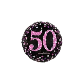 Palloncino Happy Birthday 50 rosa e nero olografico standard shape 18" (45cm) in mylar, 1pz.