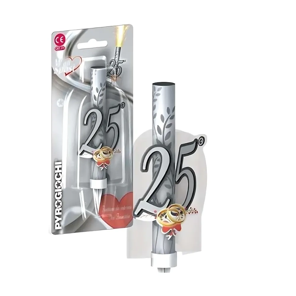Candela fontana pirotecnica 25 Anniversario argento con fedi, categoria F1, 1pz.