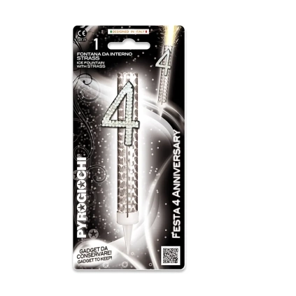 Candela fontana pirotecnica Anniversary argento numero quattro con strass, categoria F1, 1pz.