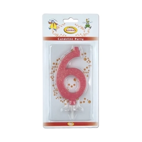 Candelina numero 6 rosa glitter grande, 1pz.