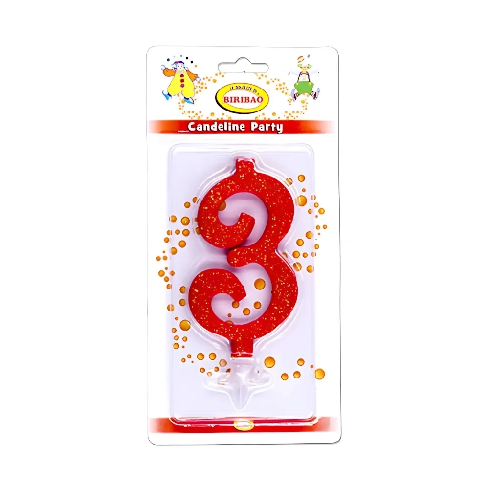 Candelina numero 3 rossa glitter grande, 1pz.
