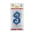 Candelina numero 3 blu glitter grande, 1pz.