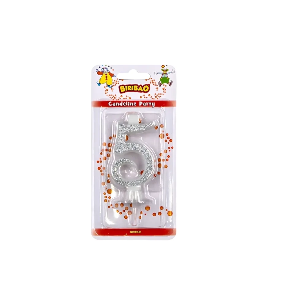 Candelina numero 5 argento glitter, 1pz.