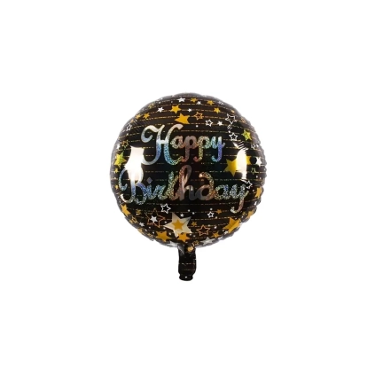 Palloncino Happy Birthday Ologr. Stelle Nero standard shape 18" (45cm) in mylar, 1pz.