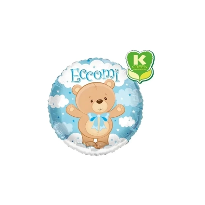 Palloncino Eccomi con Orsacchiotto Celeste 18" (45cm) in mylar, 1pz.