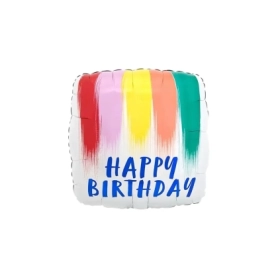 Palloncino quadrato Happy Birthday Strisce di Vernice standard shape 18" (45cm) in mylar, 1pz.
