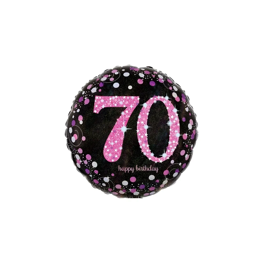 Palloncino Happy Birthday 70 rosa e nero olografico standard shape 18" (45cm) in mylar, 1pz.