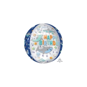 Palloncino sferico Happy Birthday Squali orbz 16" (40cm) in mylar, 1pz.