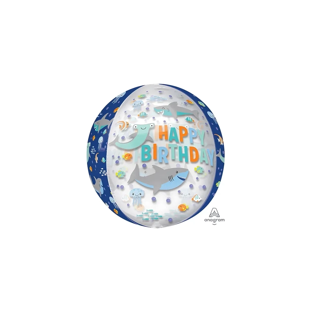 Palloncino sferico Happy Birthday Squali orbz 16" (40cm) in mylar, 1pz.