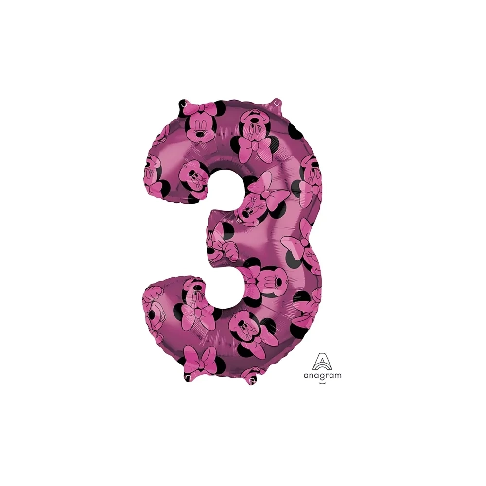 Palloncino numero 3 Rosa con Minnie Forever super shape 26" (66cm) in mylar, 1pz.