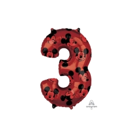 Palloncino numero 3 Rosso con Topolino - Mickey Forever super shape 26" (66cm) in mylar, 1pz.