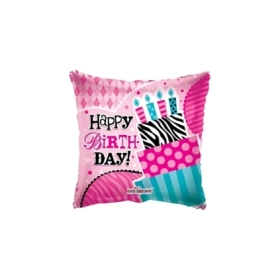 Palloncino quadrato Happy Birthday Rosa Zebrato standard shape 18" (45cm), 1pz.