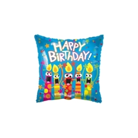 Palloncino quadrato Blu Happy Birthday con Candele standard shape 18" (45cm) in mylar, 1pz.