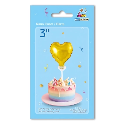 Palloncino Nano Cuore Oro con bastoncino nano shape 3" (7cm) in mylar, 1pz.