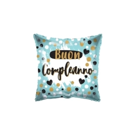 Palloncino quadrato Buon Compleanno celeste con Pois e Cuori standard shape 18" (45cm) in mylar, 1pz.