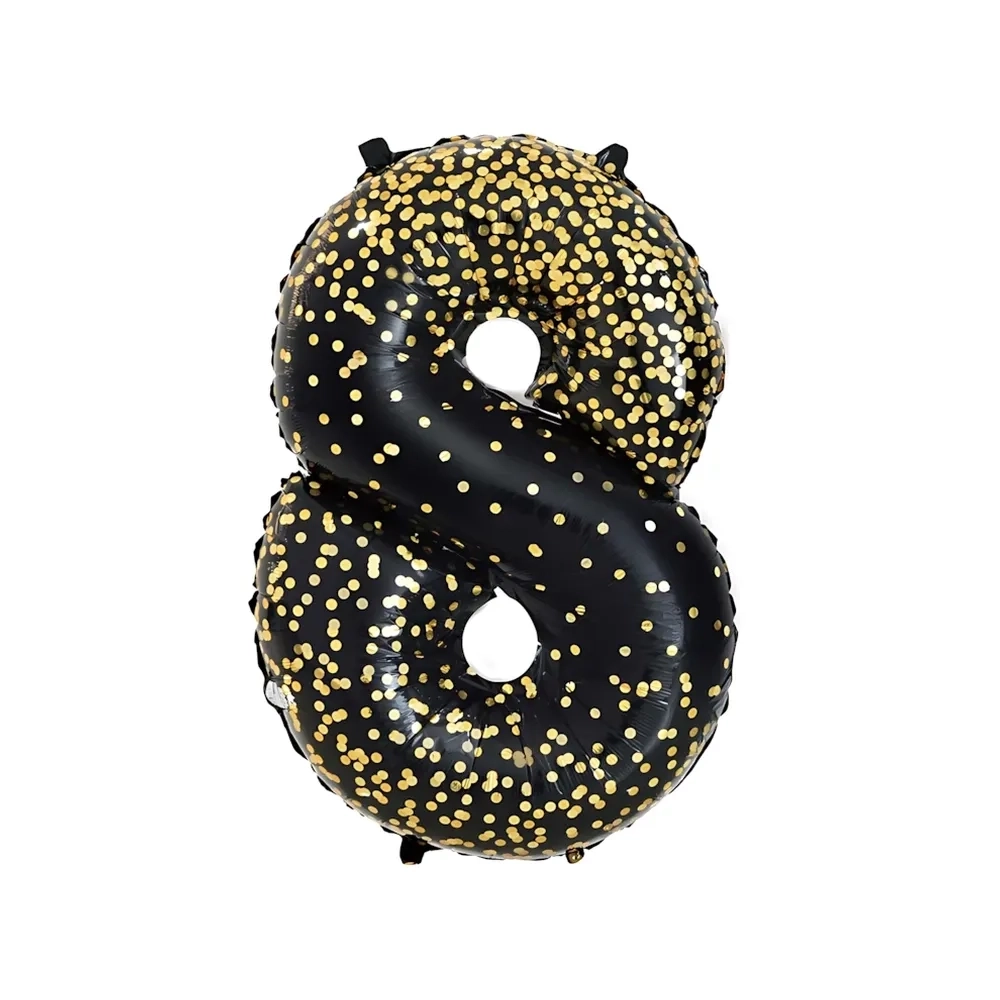 Palloncino numero 8 Nero coriandoli oro super shape 40" (101cm) in mylar, 1pz.