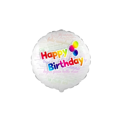 Palloncino Happy Birthday Multilingue tondo standard shape 18" (45cm) in mylar, 1pz.
