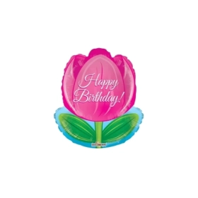 Palloncino di Tulipano con testo Happy Birthday standard shape 18" (45cm) in mylar, 1pz.