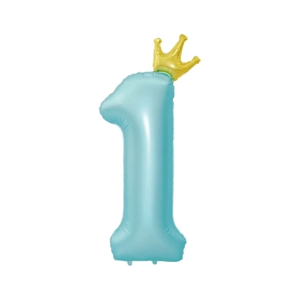 Palloncino numero 1 Celeste Baby con Corona mega shape 45" (114cm) in mylar, 1pz.