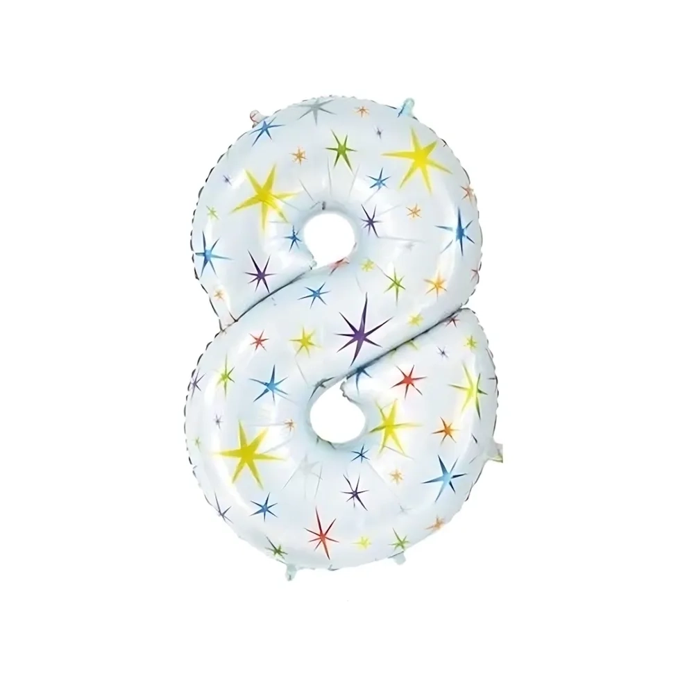 Palloncino Numero 8 Bianco con Exploding Stars super shape 40" (101cm) in mylar, 1pz.