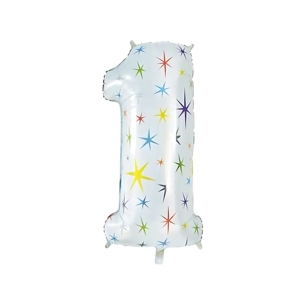 Palloncino numero 1 Bianco con Exploding Stars super shape 40" (101cm) in mylar, 1pz.