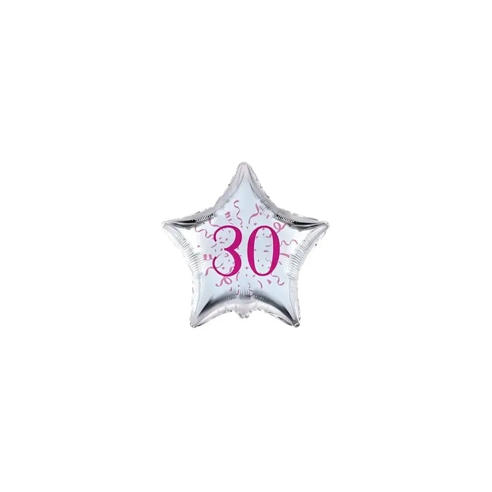 Palloncini stelline con numero 30 fucsia micro shape 4" (10cm) in mylar, 5pz.